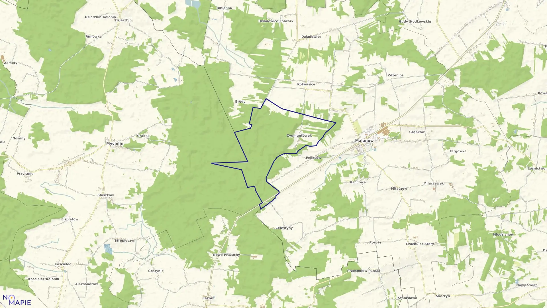 Mapa obrębu Zygmuntówek w gminie Malanów